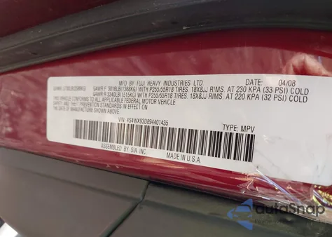 2009 Subaru Tribeca Limited 5-Passenger z USA, uszkodzony, nr VIN 4S4WX93D894401435